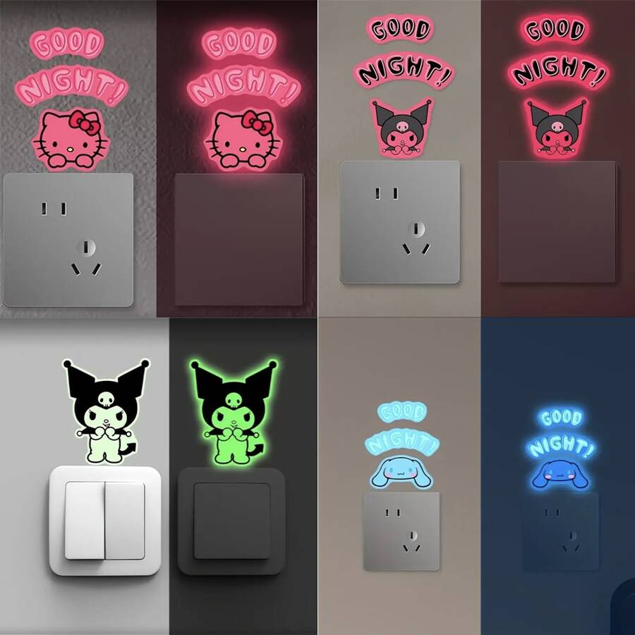 Sanrio ملصقات مضيئة في الظلام بتصميم كورومي وسينامورول وهالو كيتي مقاومة للماء، قابلة للإزالة واللصق، لديكور المنزل والهدايا والملصقات الشخصية