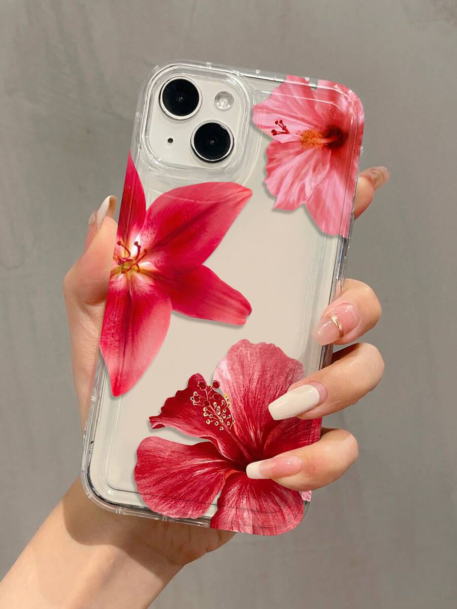 1pc Shockproof TPU Partial Red Flower Graphic Full Coverage Phone Case Compatible With Apple IPhone 16/15/14/13/12/11 Pro Max, Series