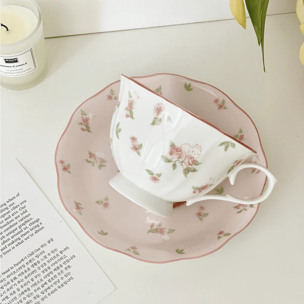 Conjunto de Xícara e Pires de Café Cerâmica Rosa Coelho 250ml, Conjunto de Chá da Tarde Vintage Estilo Coreano Fofo e Feminino