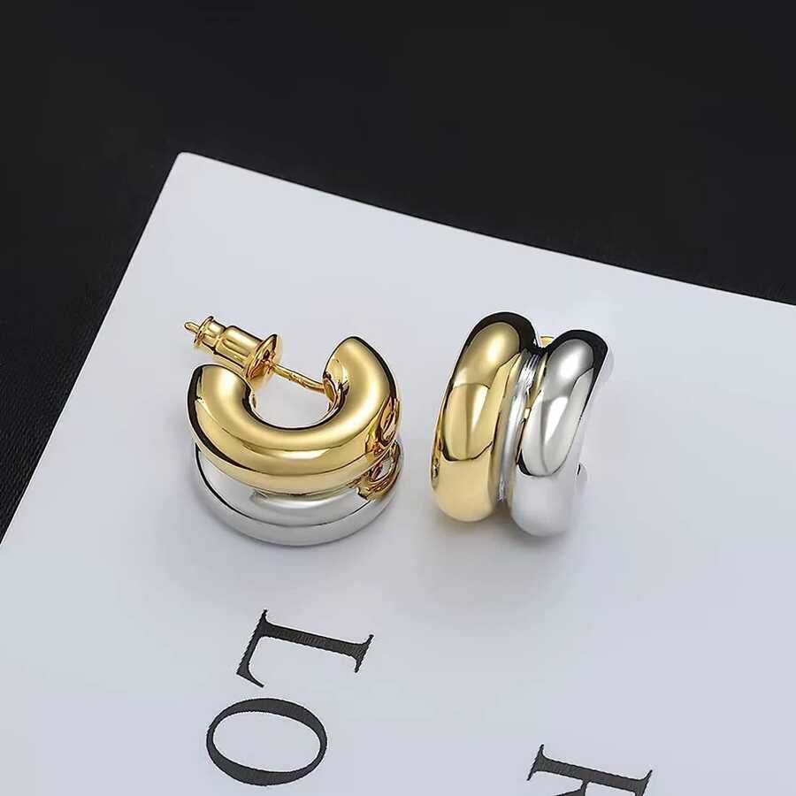 1 Pair Women 18K Gold Plated Dual Tone Round Hoop Earrings, Fashionable Hypoallergenic Classic C-Shape Earrings