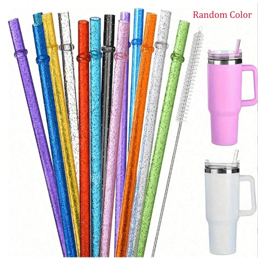 12pcs, Straw, Reusable Clear Plastic Glitter Straws, 12.4/9.06 Inch Extra Long Tumbler Straws For Cups, 1 Gallon, Water Bottles, Straw With Cleaning Brush, Party Supplise(1/3/6/12pcs)