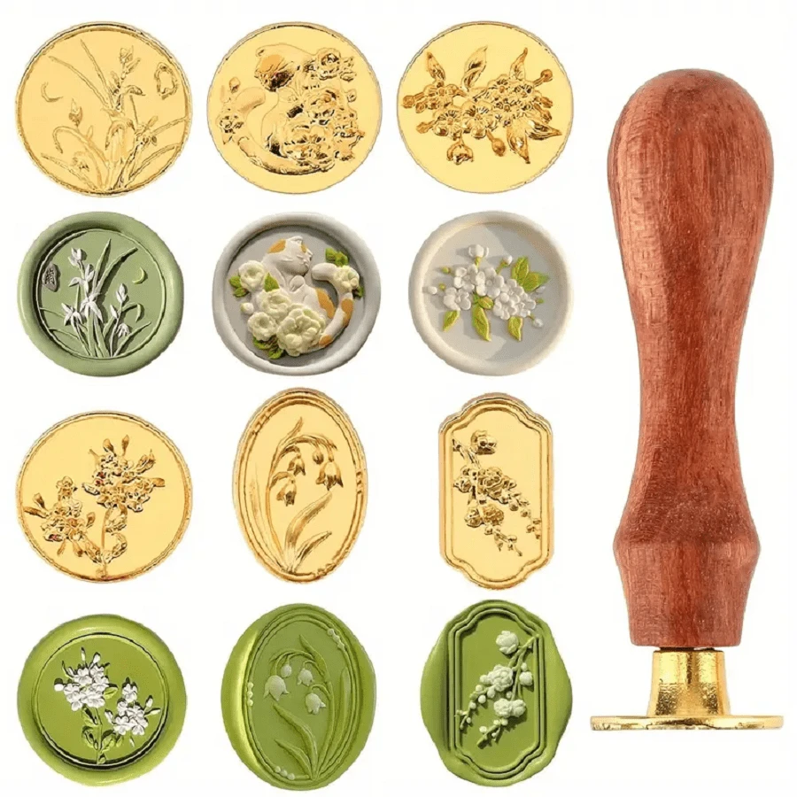 Set de ștampile din ceară din aliaj de aur, 6 bucăți, cu mâner de lemn înlocuibil - pisică cu model de camelie pentru invitații, felicitări, plicuri și ambalaje de cadouri, ștampile, modele florale