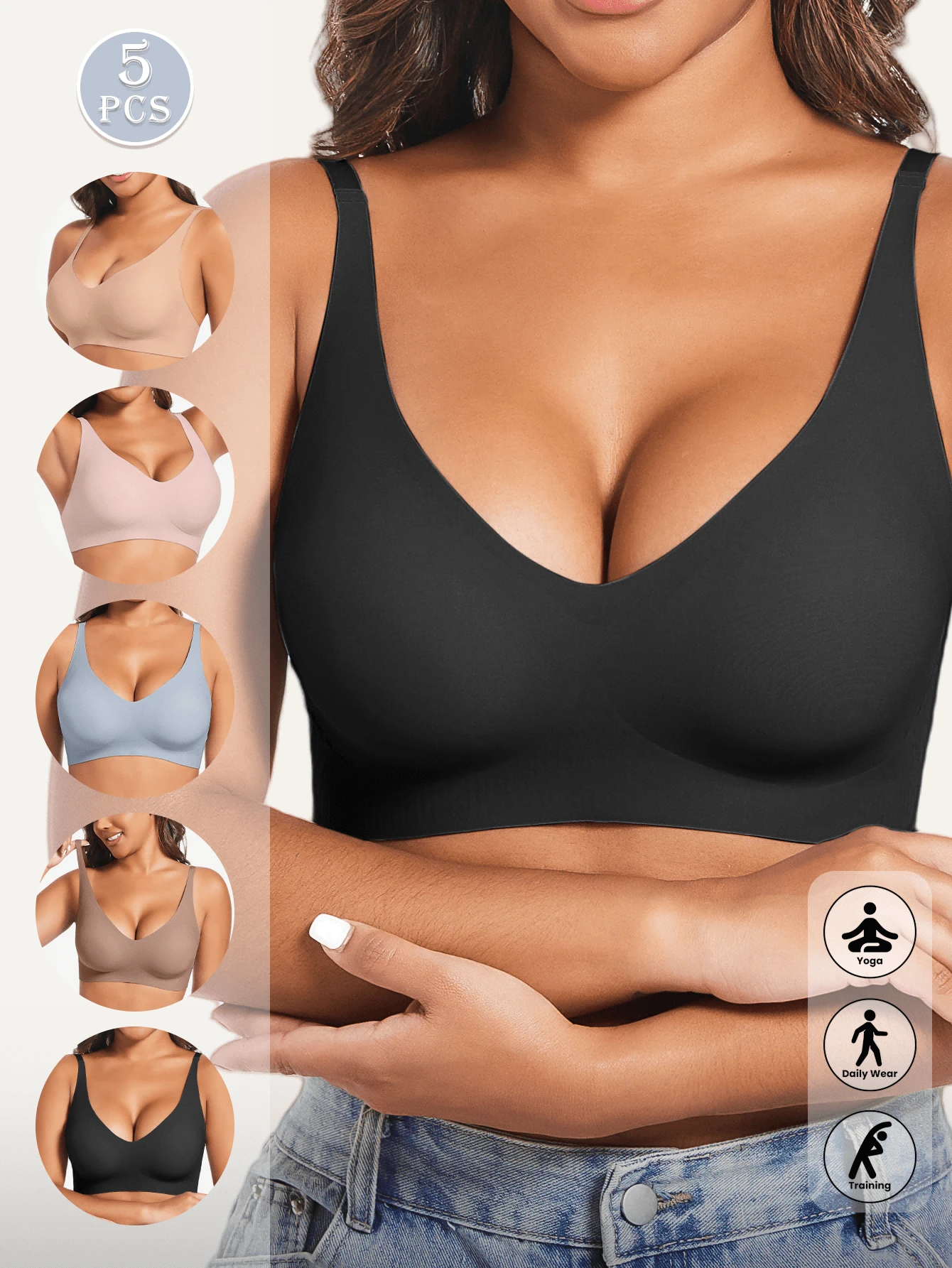 Set da 5 Top da donna per lo yoga, con scollo a V profondo, senza cuciture, con supporto, a fascia, colore nero