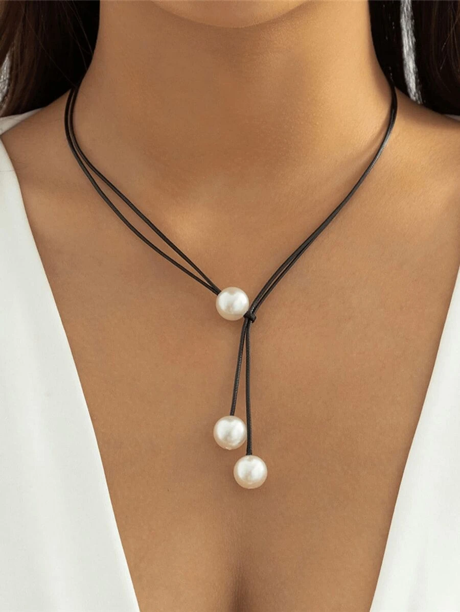 1 pièce Collier de clavicule réglable à double couche en ficelle de cire et perle de culture, accessoire de collier polyvalent pour femme