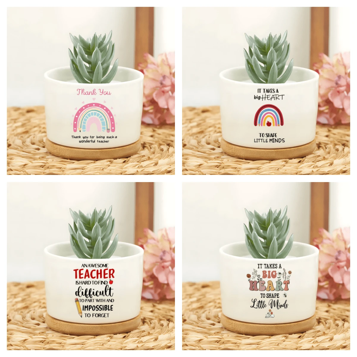 1pc,Ceramic Flower Pot With Bamboo Tray - Succulent Plant Pot For Gift, Teacher, Woman - Yard Decor For Teacher Appreciation, Graduation, Birthday