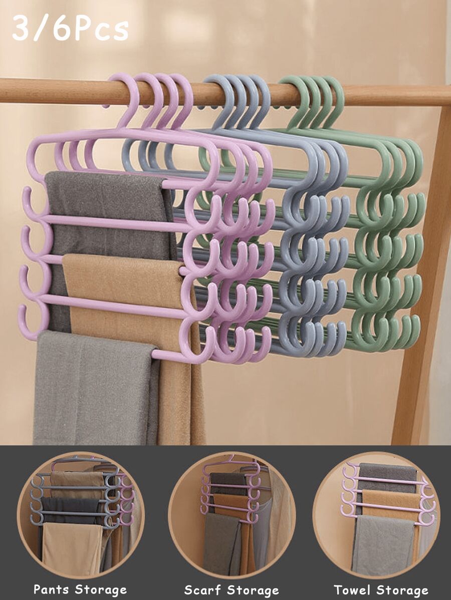 3/6Pcs Space Saving 5 Tier Multi-Tier Coat Rack, 5 Tier Plastic Trouser Hooks, Non-Slip Trouser Rack, Multi-Functional Hangers For Home And Dormitory Clotheshorse Back To School Travel Essentials Room Decor, Home Decor, Bedroom Decor Storage Organization And Storage