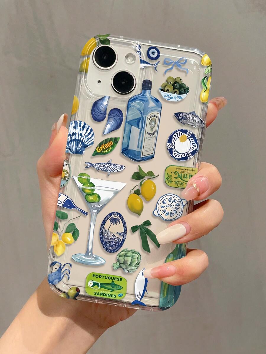 1pc Airbag Lemon Bottle Style Vintage Pattern Shockproof Protective Phone Case, Compatible With Apple IPhone 16, 15, 14, 13, 12, 11 Pro Max And Series