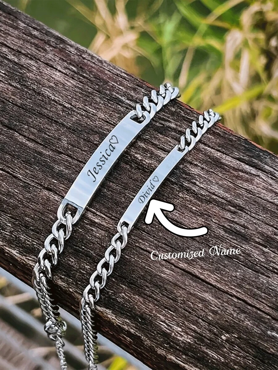 2pcs/Set Personalized Anniversary Couple Stainless Steel Jewelry Set - High-Quality Custom Name Gift For Men And Women - Romantic Token Of Love And Commitment