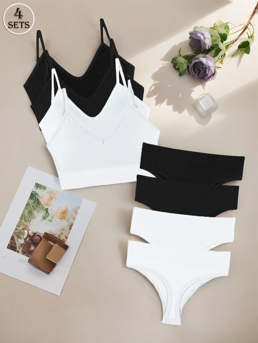 4Sets Women's Solid Wireless Push-Up French Style Triangle Cup Bra Set, Sports Camisole And Panties