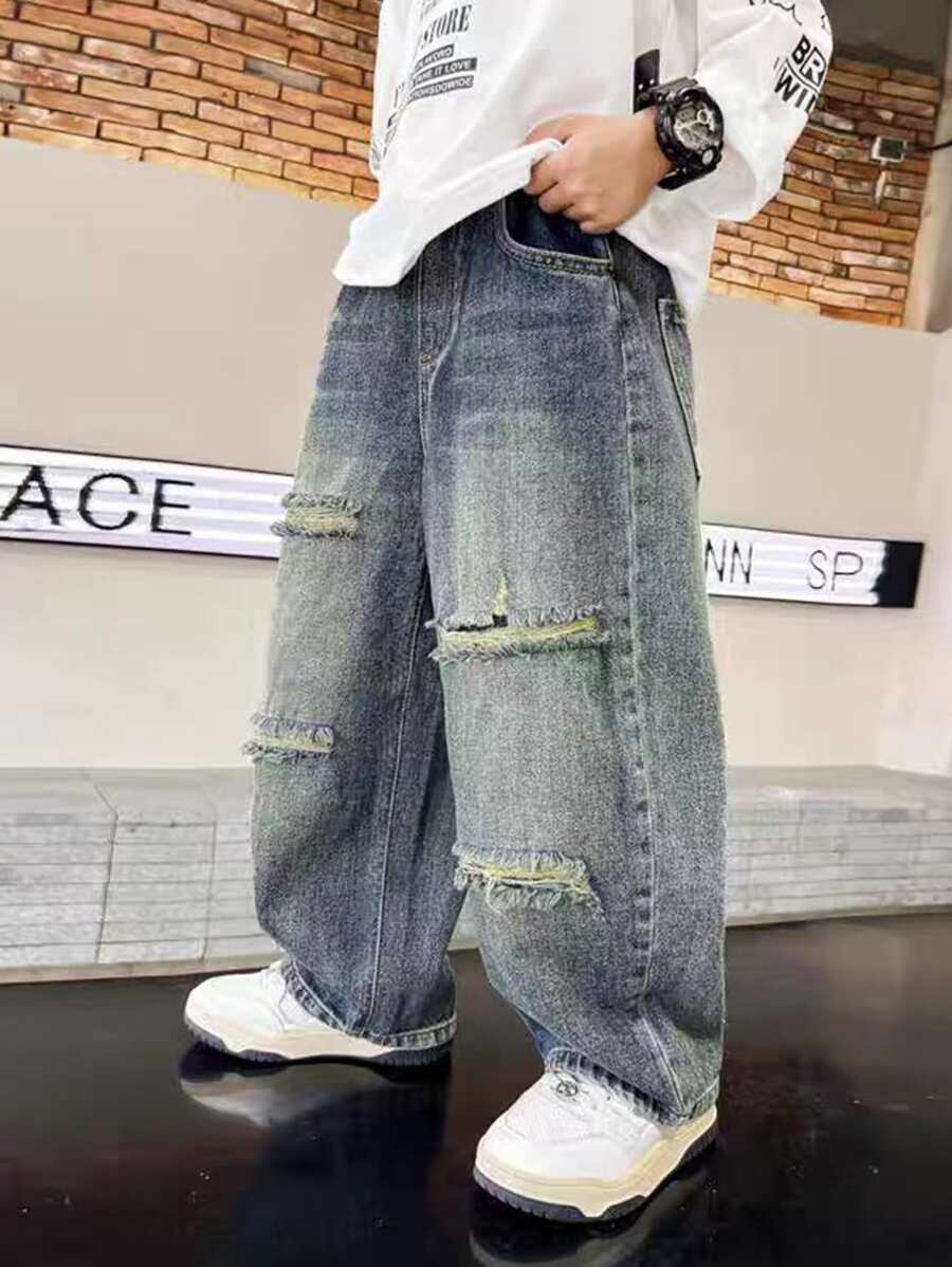 Jeans déchirés pour garçons adolescents, pantalons en jean droits et amples pour garçons jeunesse, pantalons décontractés, printemps