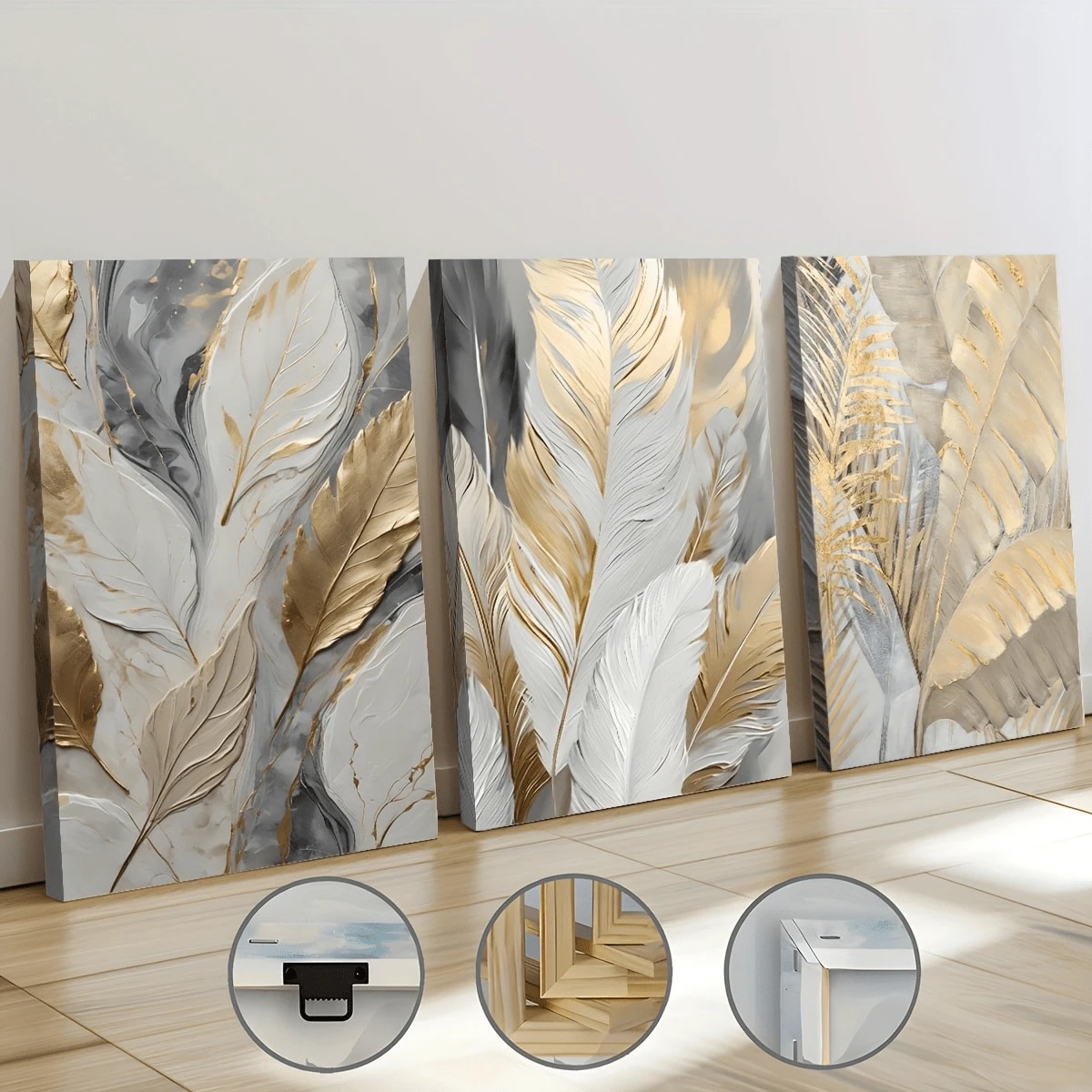 Conjunto de 3 lienzos y pósteres listos para colgar, decoración de hojas botánicas doradas de lujo ligero para el hogar, arte de pared, decoración de habitaciones, murales, impresión HD, regalos festivos, sala de estar, dormitorio, comedor, decoración de oficina