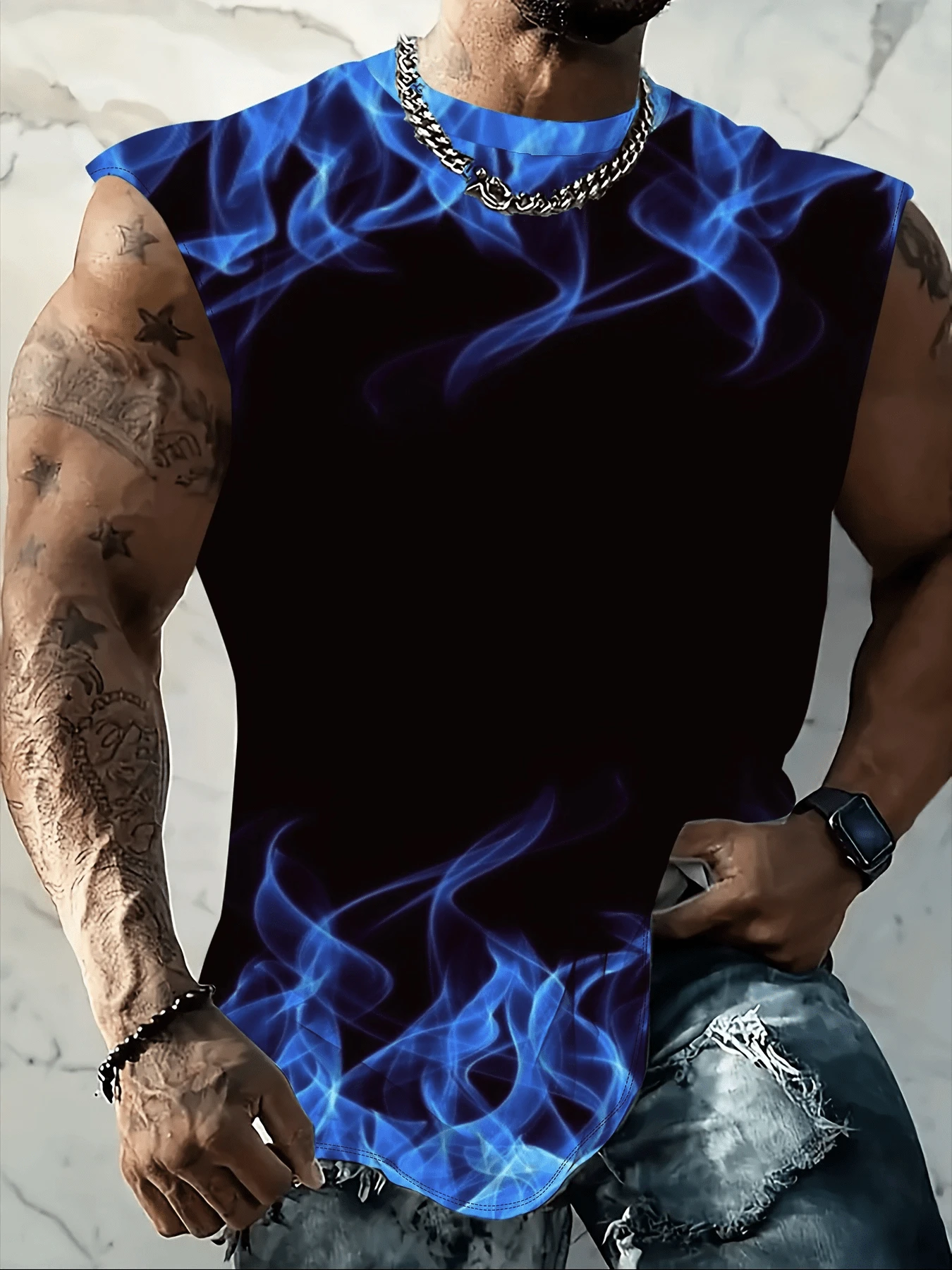 Plus Size Men's Casual Flame Print Tank Top, Sportswear T-Shirt Suitable For Outdoor & Streetwear