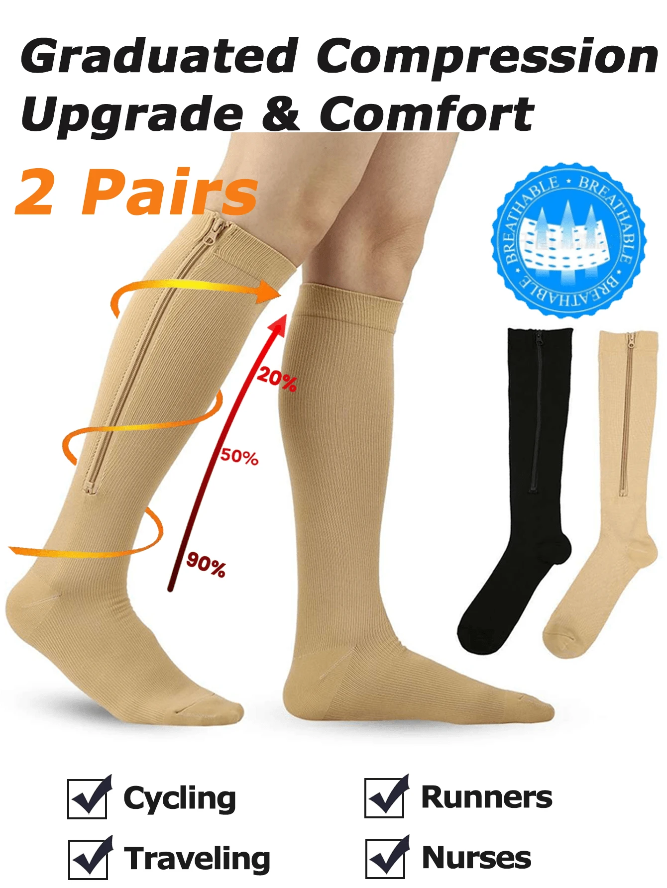 2 Pairs Zipper Compression Socks For Men And Women - Calf & Knee Support Stockings 15-20mmHg Compression Stockings, Side Zip Knee High Socks,Comfort And Breathability,Suitable For Sports