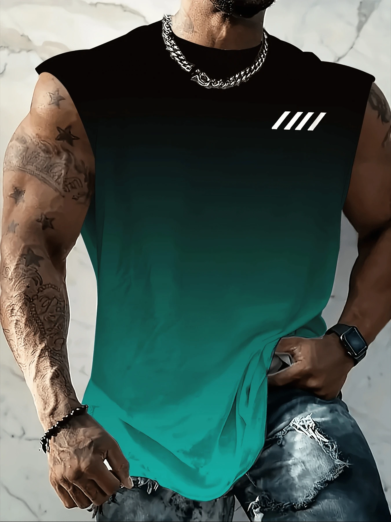 Plus Size Men's Geometric Gradient Printing Casual Sleeveless Shirt, Suitable For Outings And Street Wear