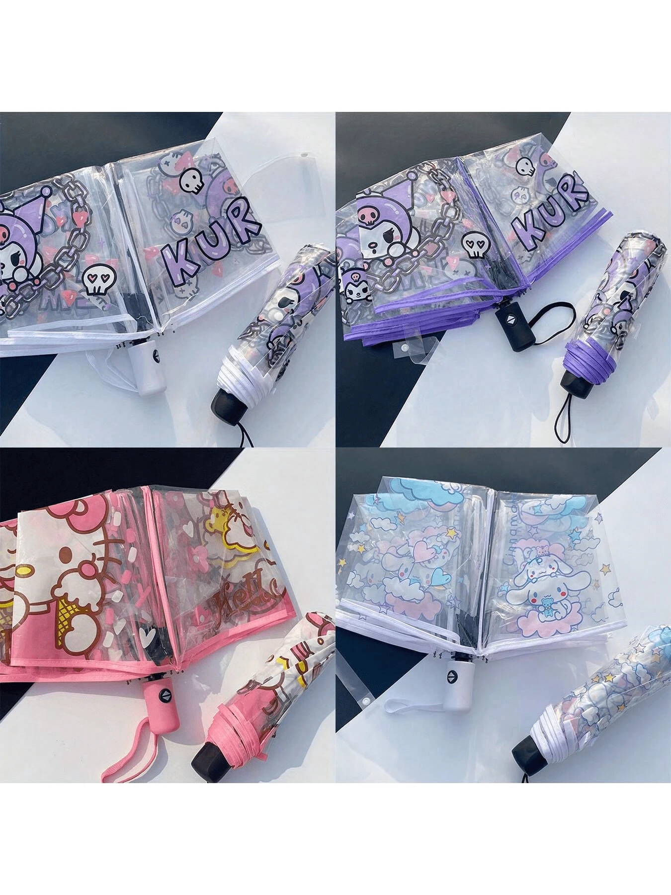 Sanrio مظلة صغيرة قابلة للطي تلقائيًا من سانريو ب- 8 عيدان من الحديد ، بتصميم كرتوني عصري ، غطاء من البلاستيك و مقبض ، مظلة شفافة قابلة للطي مزخرفة بطباعات الشخصيات الكرتونية ، مناسبة للصيف والشاطئ والسفر