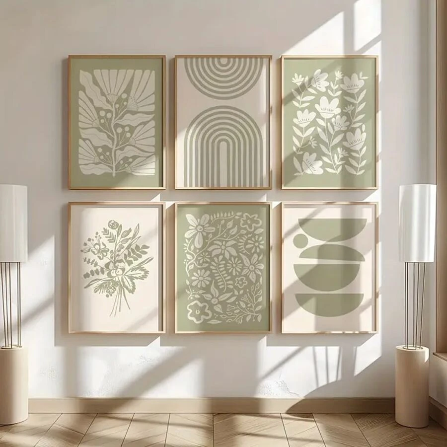 6pcs/Set Boho Green Plant & Floral Wall Art Canvas Posters, Minimalist Gallery Wall Decor For Living Room, Bedroom, Office, Cafe, Bar, Dining Room, Dorm, Hallway, Home & Room Decor, Optional Frame ,Wall Art With Frame