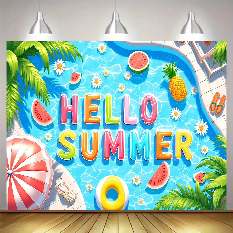 1pc Summer Beach Background Banner, Polyester Material, With Fruit And Swimming Ring, Suitable For Birthday Party Decoration, Home Decoration, Interior And Exterior Decoration, Photo Shoot Background, Anniversary, Wall Decoration, Garden Decoration, Curtain, Tablecloth