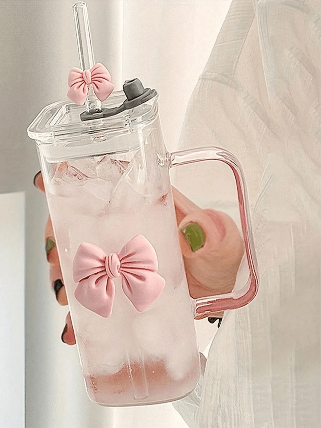 1pc (350ml/11.83oz) Square Bow Tied Glass Cup With Handle, Clear Handle Pumpkin Cup, Classic Mug, Tea Cup, Juice Cup, Coffee Cup, Milk Cup, Water Cup, Fruit Cup, Soup Cup, Suitable For Kitchen, Dining Room, Party, Halloween, Outdoor Party