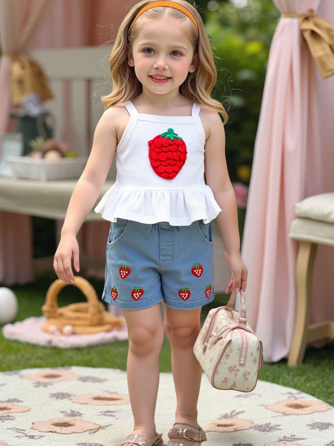 Conjunto informal de 2 piezas: Camiseta de tirantes con estampado de fresas y shorts vaqueros para niñas