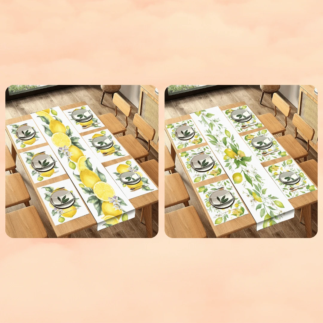 1pc/5pcs/7pcs, Home Decor, Summer Style Lemon Pattern Polyester Printed Table Runner With 6 Placemats - Polyester, Rectangle, Holiday Decorative Fabric Table Runner, Home Decor, Kitchen & Dining Table Decoration, Room Decor, Table Runner