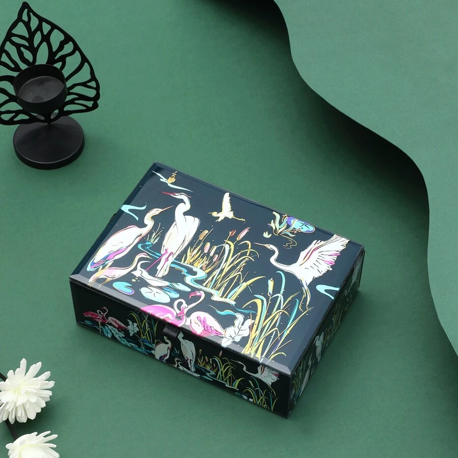 1 Stück Aufbewahrungsbox für Schmuck mit Glas-Druckmotiv im Ölgemälde-Stil mit Reiher & Flamingo