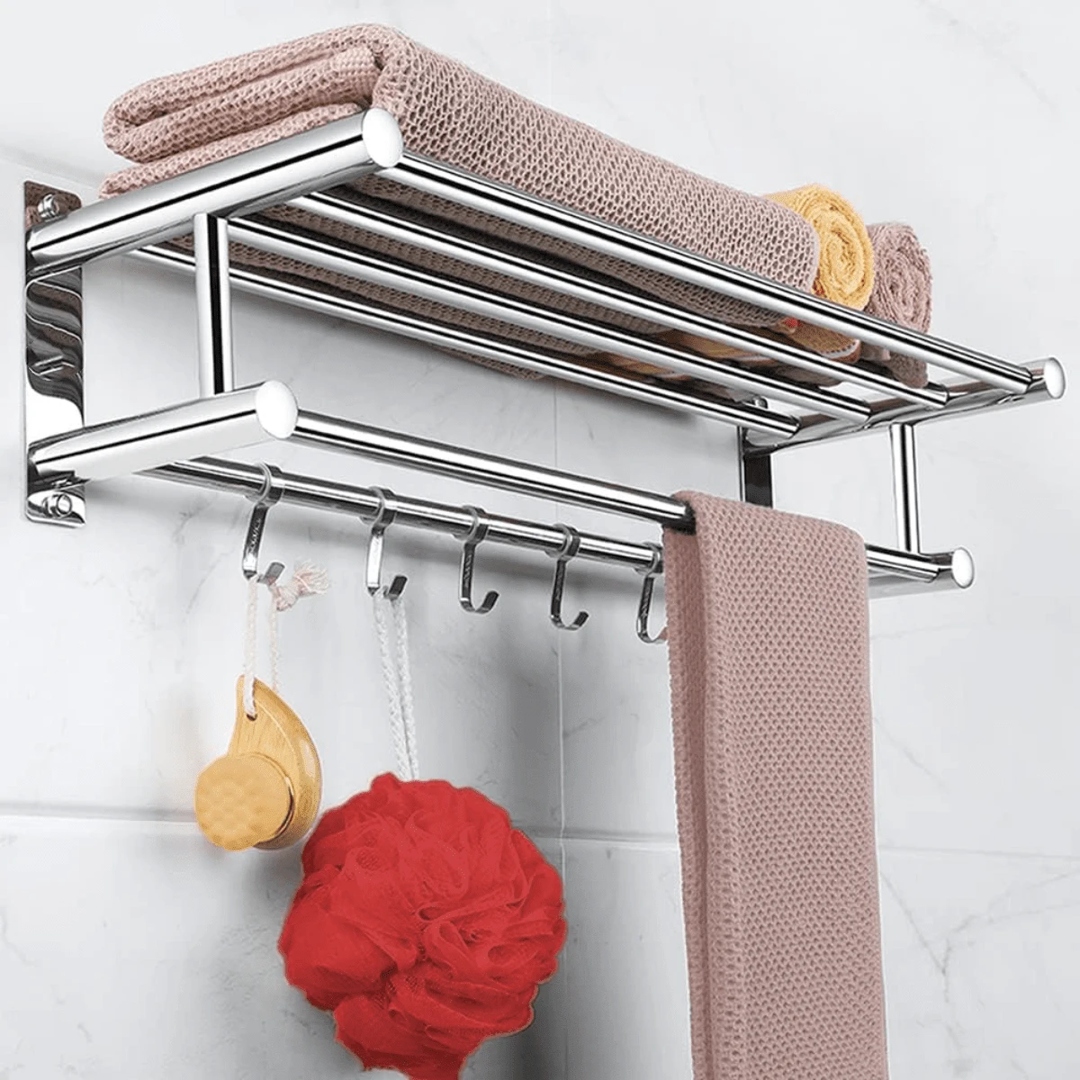 Bathroom Towel Rack - Stainless Steel Rust-Proof With Towel Bar And 5 Hooks, Shower Organizer Rack, Storage Shelf For Towels, Bathrobes, Shower Caddy, Brushes Home Bathroom Decor Bathroom Organizer Summer Back To School