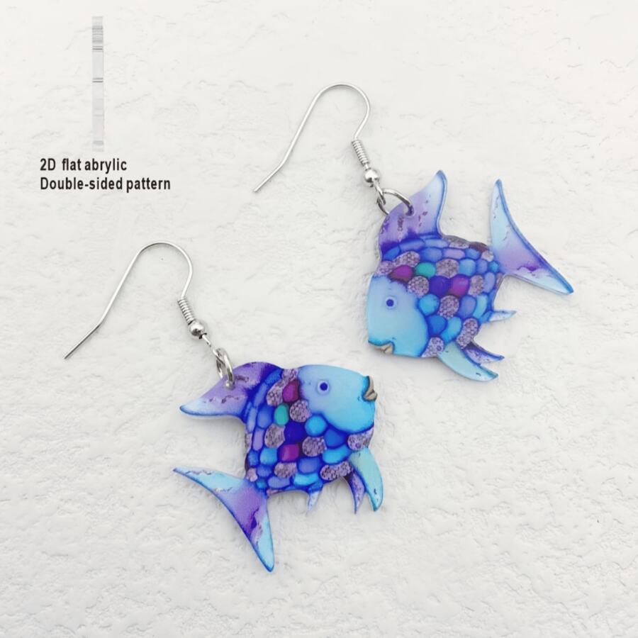 Par de pendientes de 2D planos con decoración de pez azul y flor de colores para mujeres, pendientes creativos de peces de colores acrílicos