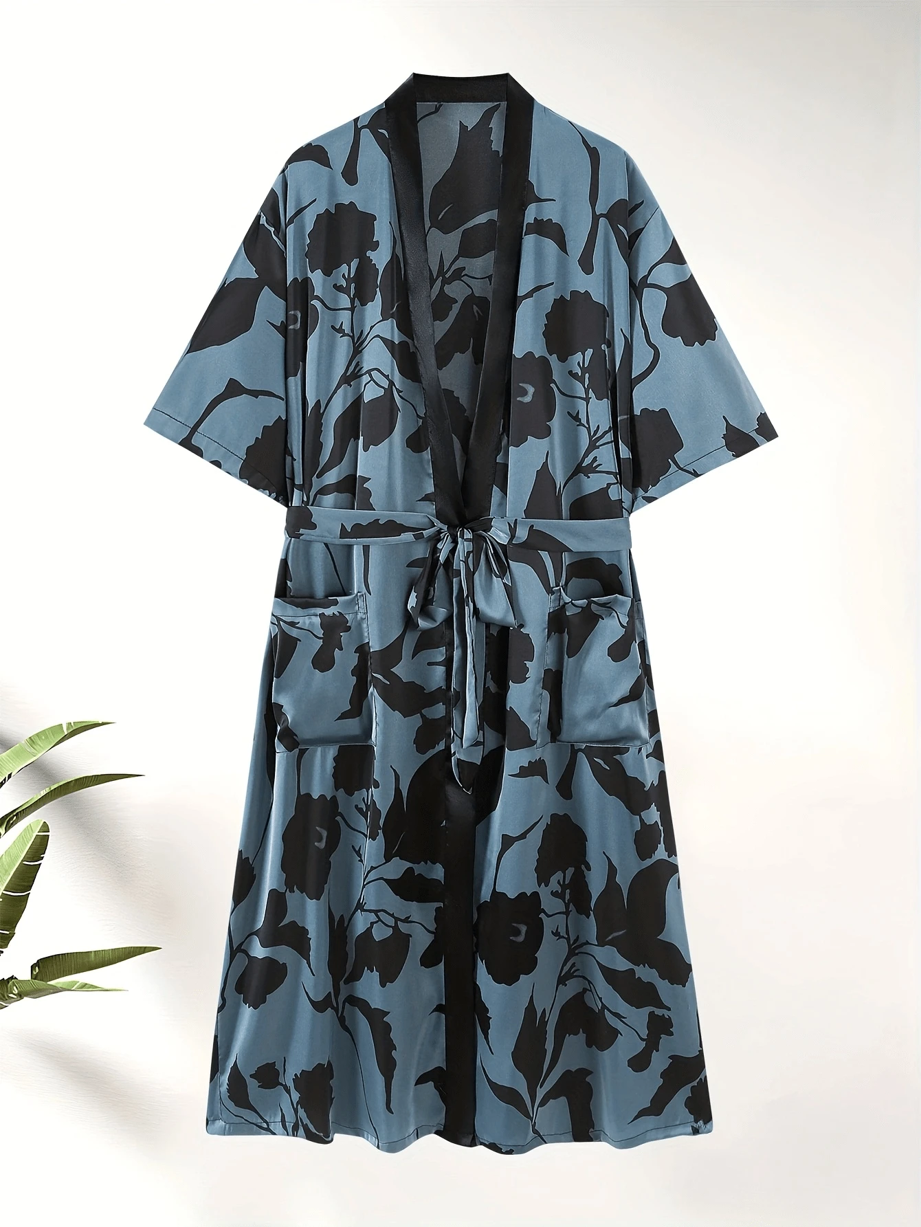 New Men's Fashion Casual Loungewear Robe, Short Sleeve Leaf Print, Minimalist Style, Woven Fabric With Tie