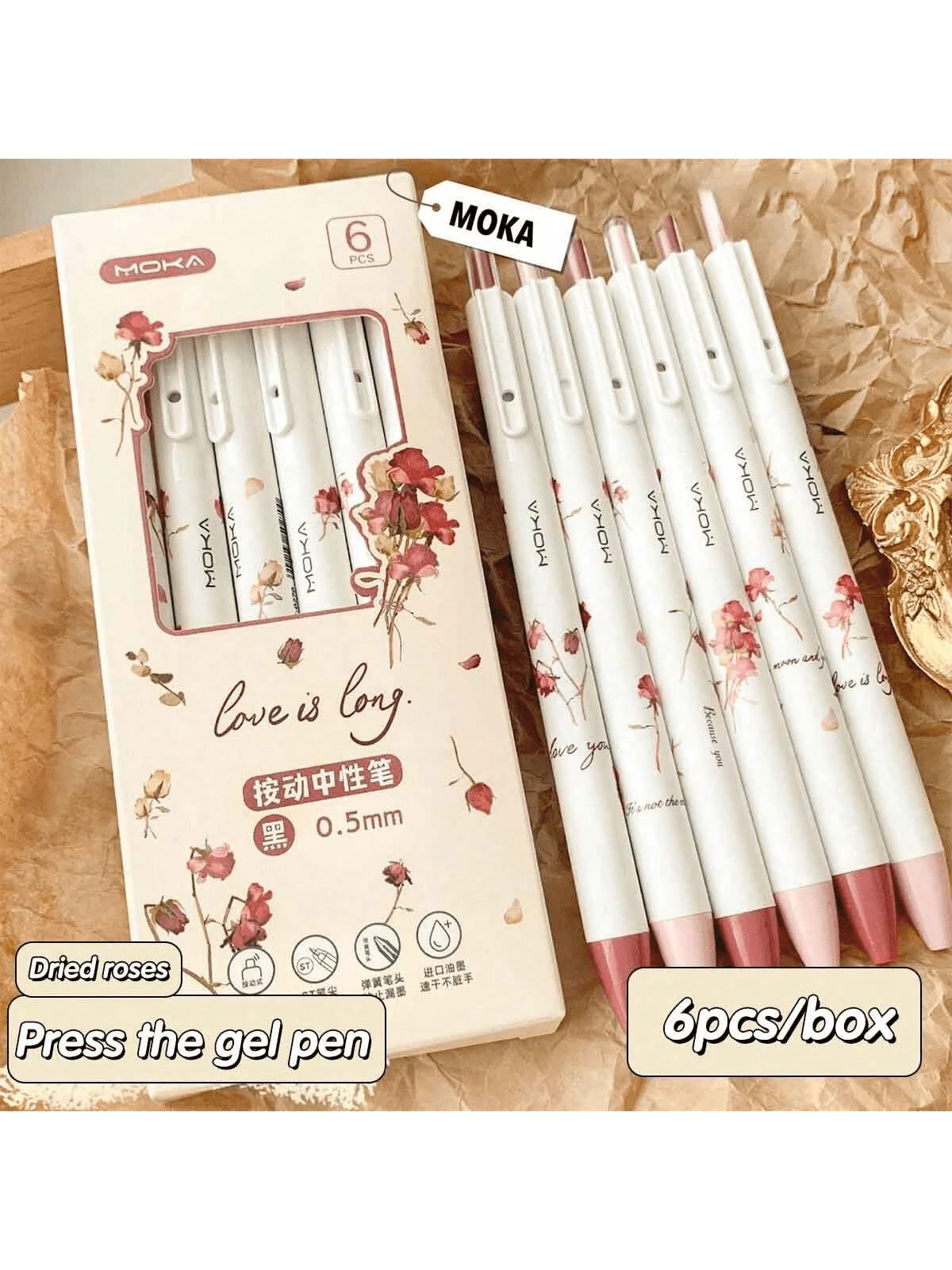 1 boîte de 6 stylos à bille rétractables à motif de fleurs de rose, encre noire, séchage rapide, haute capacité d'écriture pour les étudiants à la rentrée scolaire