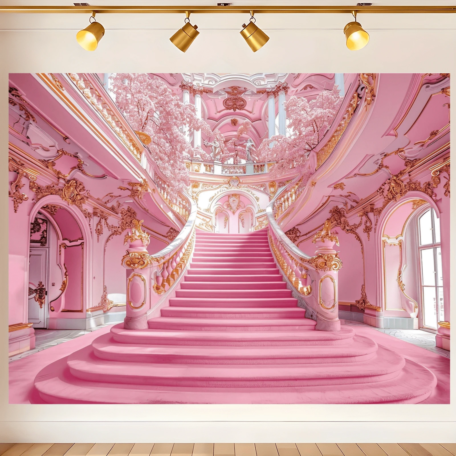 1 pieza Telón de fondo lujoso de escalera en rosa y dorado - Pasamanos con elegantes motivos dorados en espiral y detalles intrincados, diseño simétrico de arcada y paredes florales en flor, material de poliéster premium para el vestíbulo de un hotel lujoso, lugar de boda o decoración del hogar, sin necesidad de electricidad