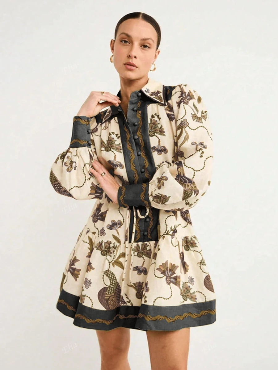 Women's Spring And Summer Short Dress Bohemian Printed Casual Cardigan Long Sleeve Printed Lapel Dress