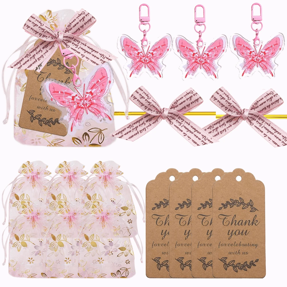 4-Piece Butterfly Keychain Gift Set, Brown Thank-You Card, Transparent Drawstring Bag, Keychain, Butterfly Tie, Perfect For Parties, Birthdays, Weddings, Souvenirs, Gender Revealing Parties