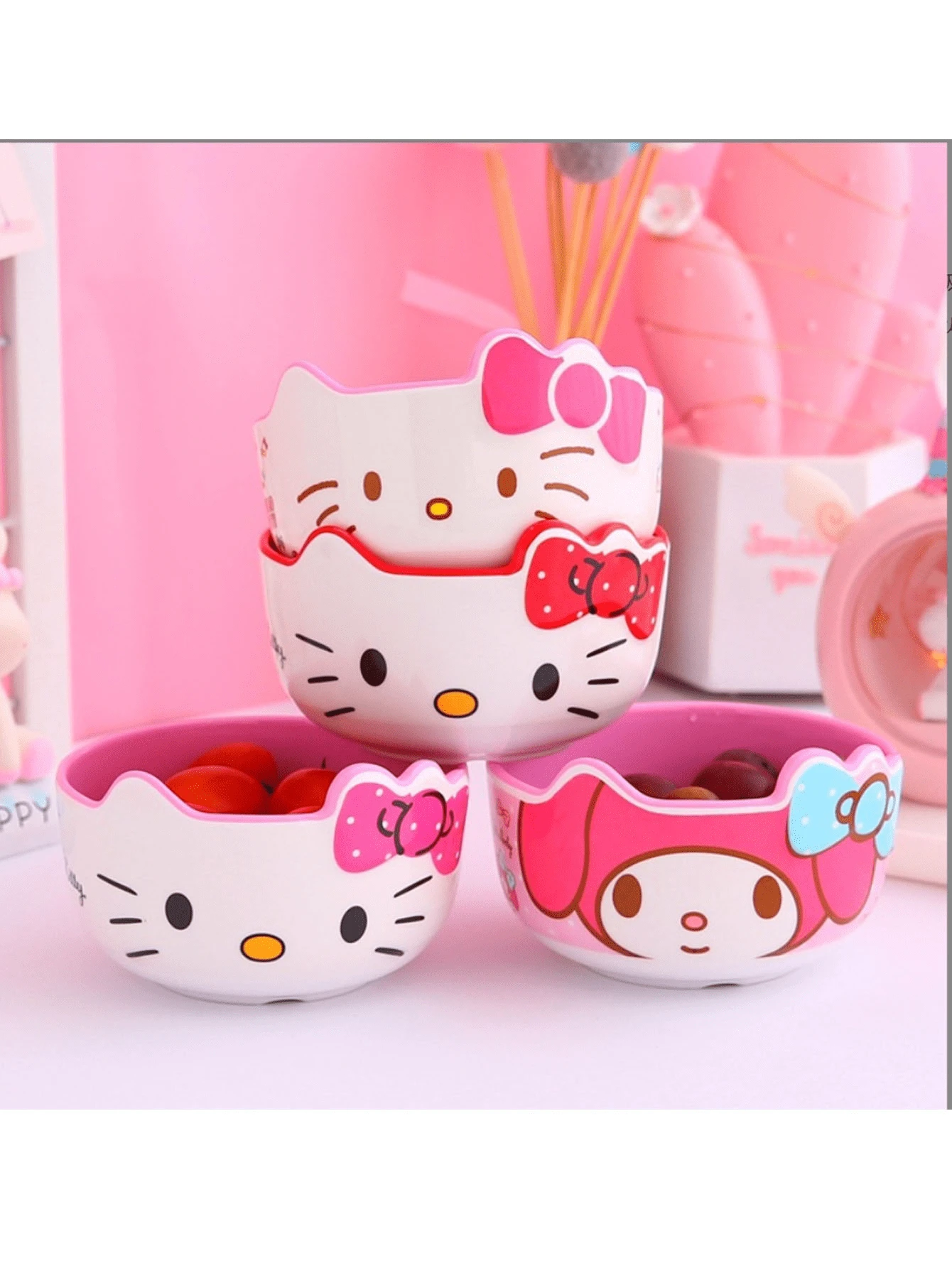 Sanrio 1PC/4PCS Mother's Day Pink Tableware Cute Kitty Soup Bowl Tableware Melamine Anti Drop Cartoon Shaped Rice Bowl,School Supplies