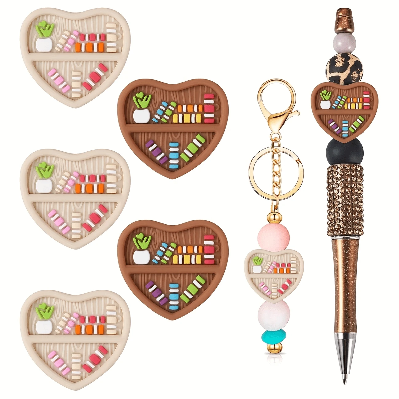 1/3/5 pièces Perles de concentration en silicone avec motif de bibliothèque d'amour pour stylos, bracelets, colliers et sangles - bijoux de bibliothèque en forme de cœur vibrante et motifs de livres et de plantes, fournitures de bijouterie artisanale, accessoires originaux, bijoux de perles en silicone, décoration de bibliothèque