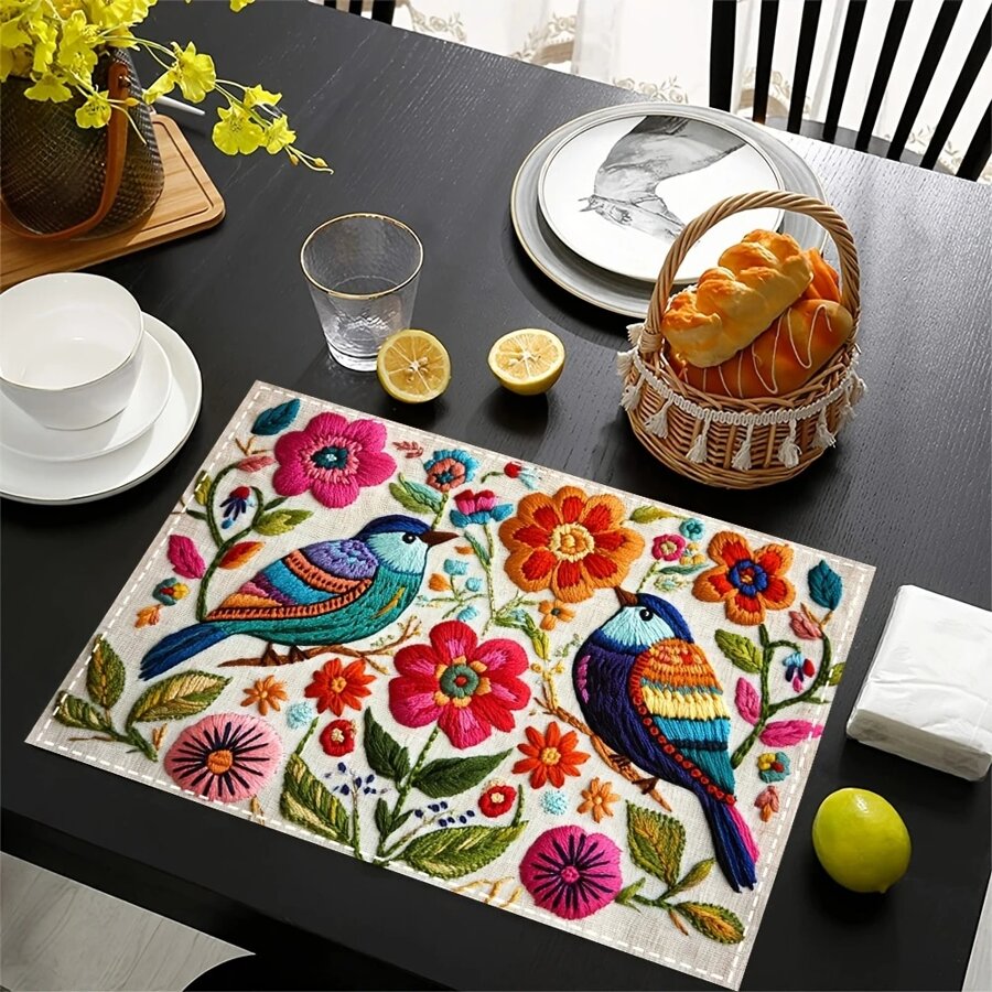 4 Stücke/6 Stücke mexikanische Tischsets ohne Stickerei Muster mit Vögeln und Blumen, modernes bedrucktes Tischset, für Esszimmertisch, Küche, Party, Innenbereich, Feiertage, Abendessen und Heimdekoration (Tischsets) 12x18 Inch