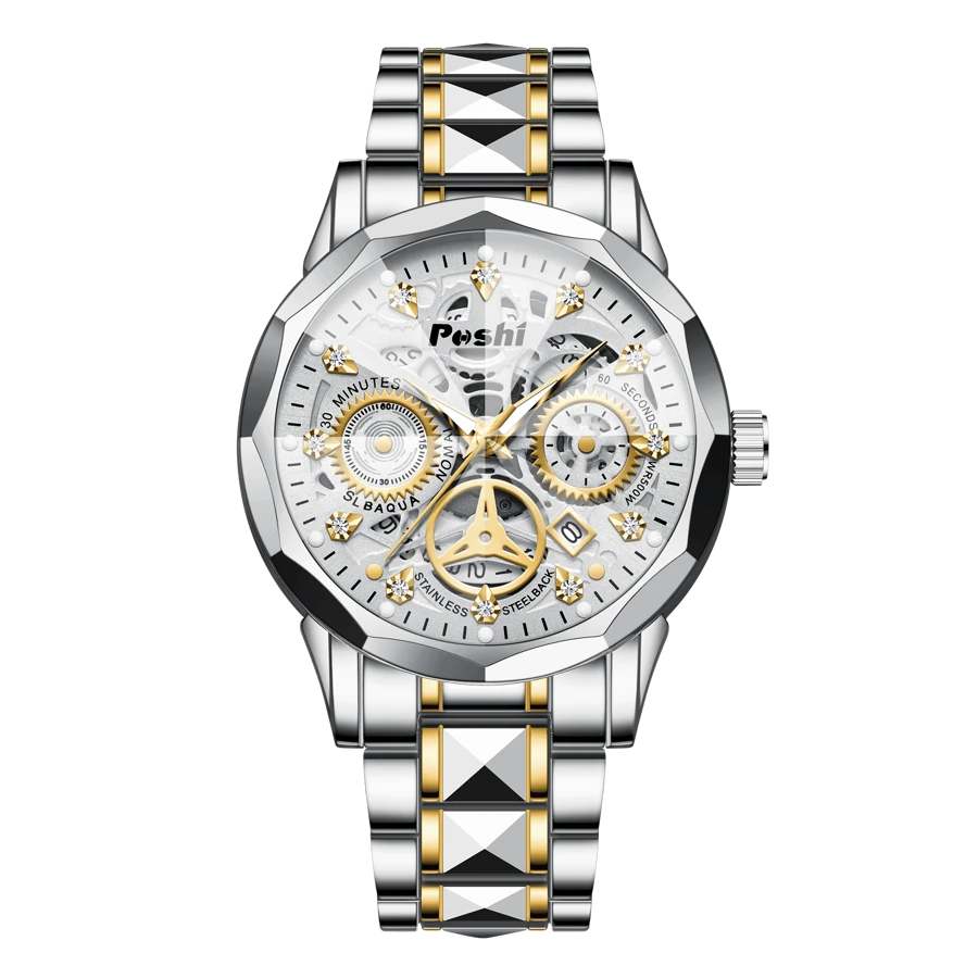Men's Sport Watch - Official Authorized By POSHI Multifunctional Chronograph With 30M Waterproof & Luminous Nightlight, Stainless Steel Band, 2-Year Warranty For Business, Gym & Casual (2 Colors)