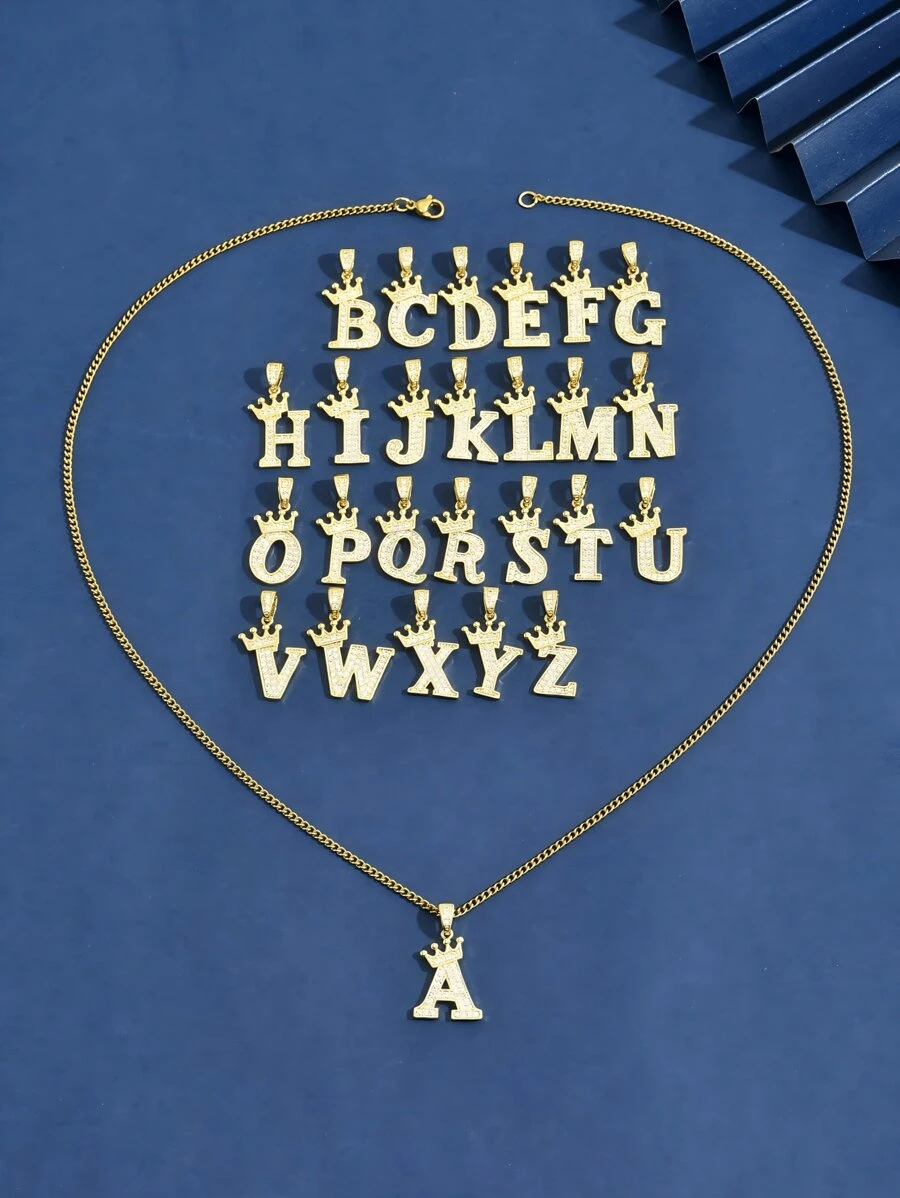 1 Pc Fashionable Intellectual Crystal Crown Initial Pendant Necklace For Teenagers 26 Letters Jewelry Noble Necklace Suitable For Boys Exquisite Birthday Gift