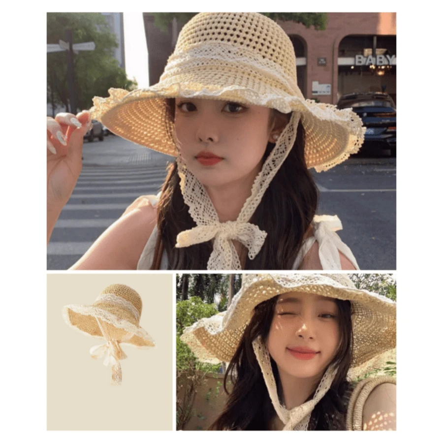 1pc Lace Trim Beach Sun Hat, Large Brim Breathable Shade Hat For Women Outdoor Camping Picnic, UV Protection Summer Cap