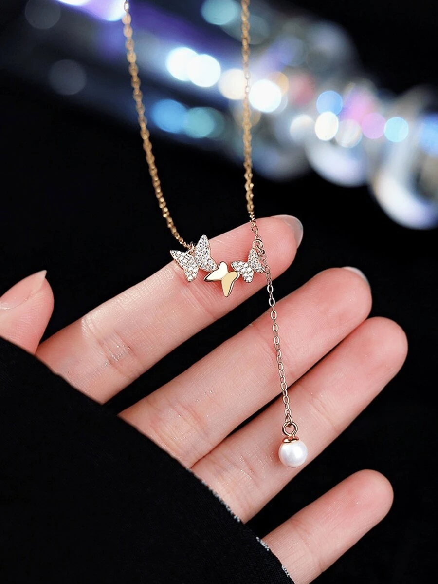 GAGAFEEL 1 pièce Collier avec pendentif en perle ronde, franges et papillon en argent sterling S925 avec zircone, chaîne ras-de-cou pour femmes, cadeau pour anniversaire