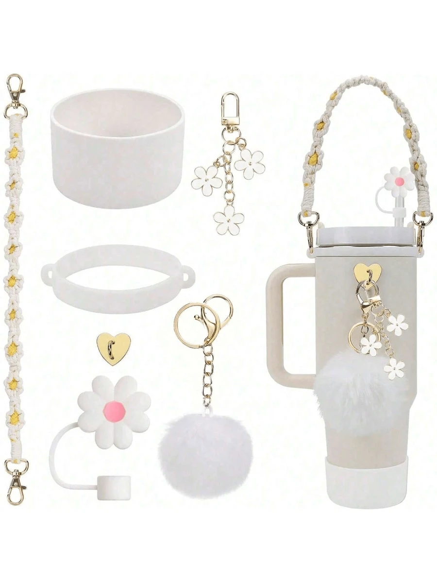 7 Peças Conjunto Branco Compatível com Cup 30 Oz 40 Oz, Incluindo 1 Peça Alça para Garrafa de Água, 1 Peça Tampa de Palha de Silicone, 1 Peça Capa de Silicone para Copo e 2 Peças de Acessórios com Pingentes, Suprimentos para Volta às Aulas
