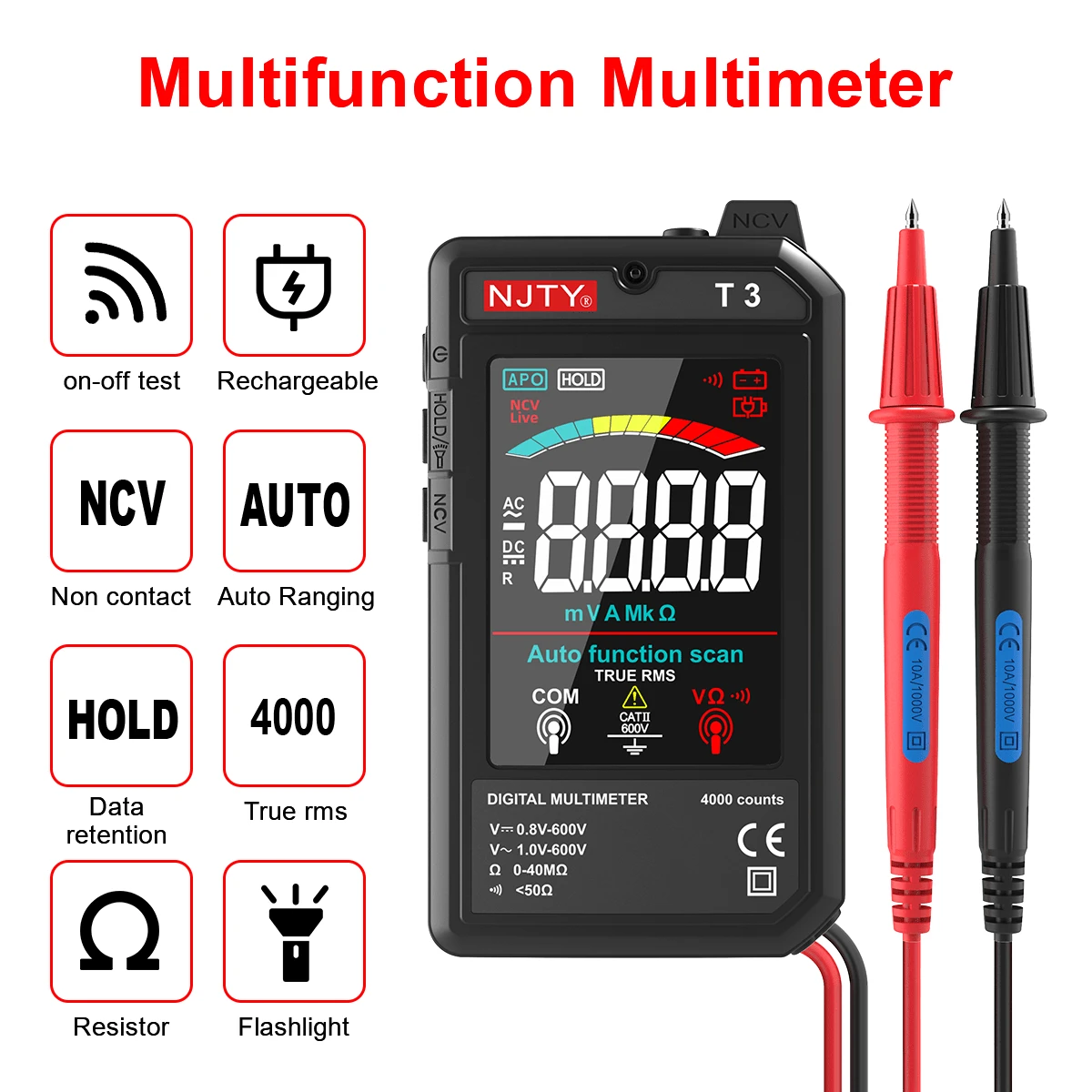 NJTY 1 Pc NJTY T3 Ultra-Slim Smart Digital Multimeter, Auto-Ranging, USB Rechargeable, 4000 Counts, Auto Ranging, Detecting Voltage, Resistance, NCV, Live Wire, High-Precision, All-In-One Electrical Testing Kit