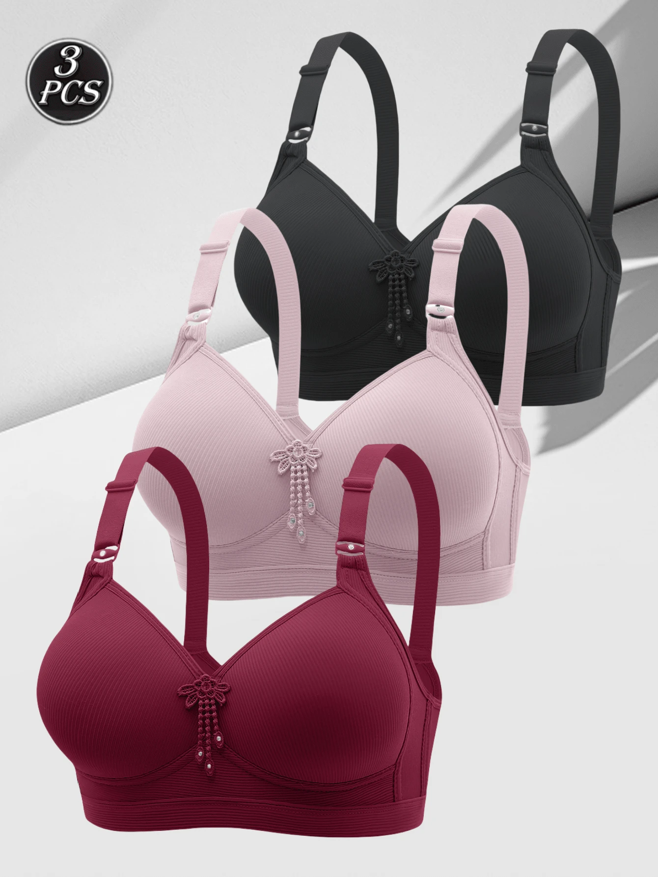 3pcs/Set Women Wire-Free Solid Color Comfortable Gather And Support Bras