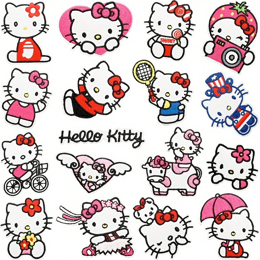 Sanrio 17 pezzi di toppe ricamate termoadesive e da cucire a tema Hello Kitty - disegni assortiti e colorati (sport, musica, fiori) per abbigliamento, giacche, jeans, cappelli, fai da te e lavoretti - decorazioni e regali adorabili per l estate e la scuola