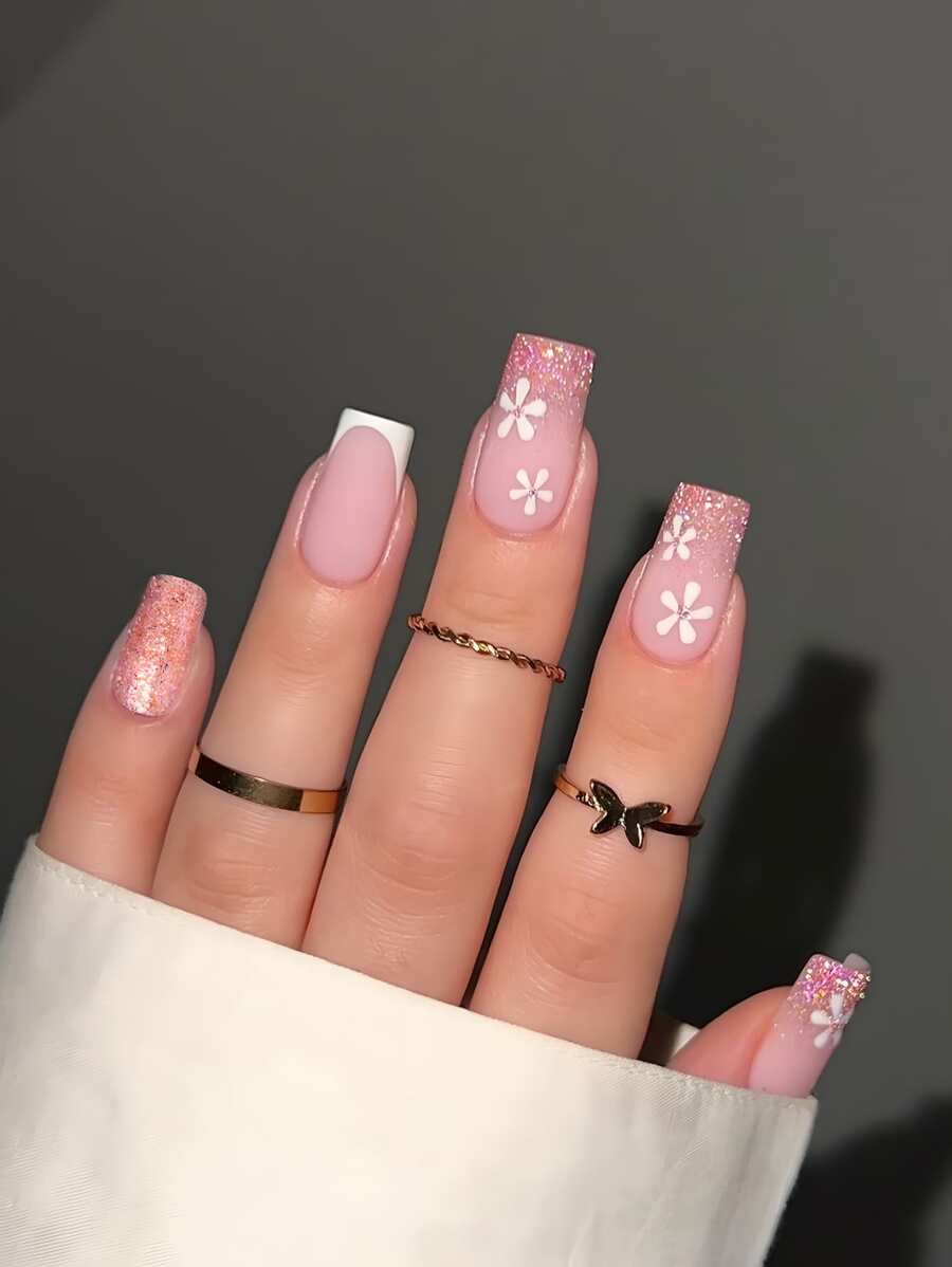 24 Peças Kit de Unhas Postiças de Forma Quadrada Curta para Outono e Inverno, Flores Elegantes em Rosa Quente e Folha de Ouro Brilhante, Kit Perfeito de Unhas Postiças Falsas de Cobertura Total, Inclui 1 Peça Folha de Adesivos e 1 Peça Lixa Miniatura, para Uso Diário, Escritório, Festa em Casa, Joias e Acessórios Femininos, Dicas de Unhas Falsas 1 Peça Tira de Lixa Jelly Gel, Envio Aleatório