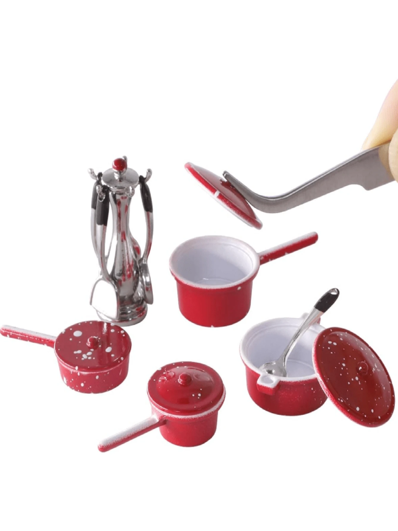 Accesorios de cocina en miniatura a escala 1/12, Juego de cocina para casa de muñecas que incluye olla metálica, sartén y espátula con soporte, mini artículos para fiestas, adecuado como accesorios de fotografía para OB11