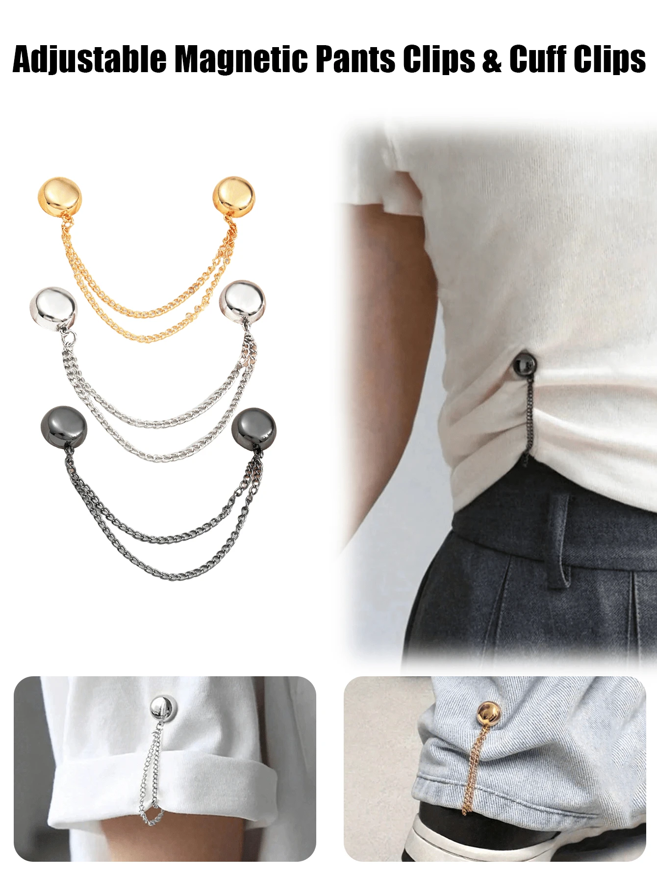Adjustable Magnetic Pants Clips & Cuff Clips - Alloy, Detachable Hem Clasps, Suitable For Pants And T-Shirts, Seamless Tight Fastening Accessories, Waist Belt Tightener