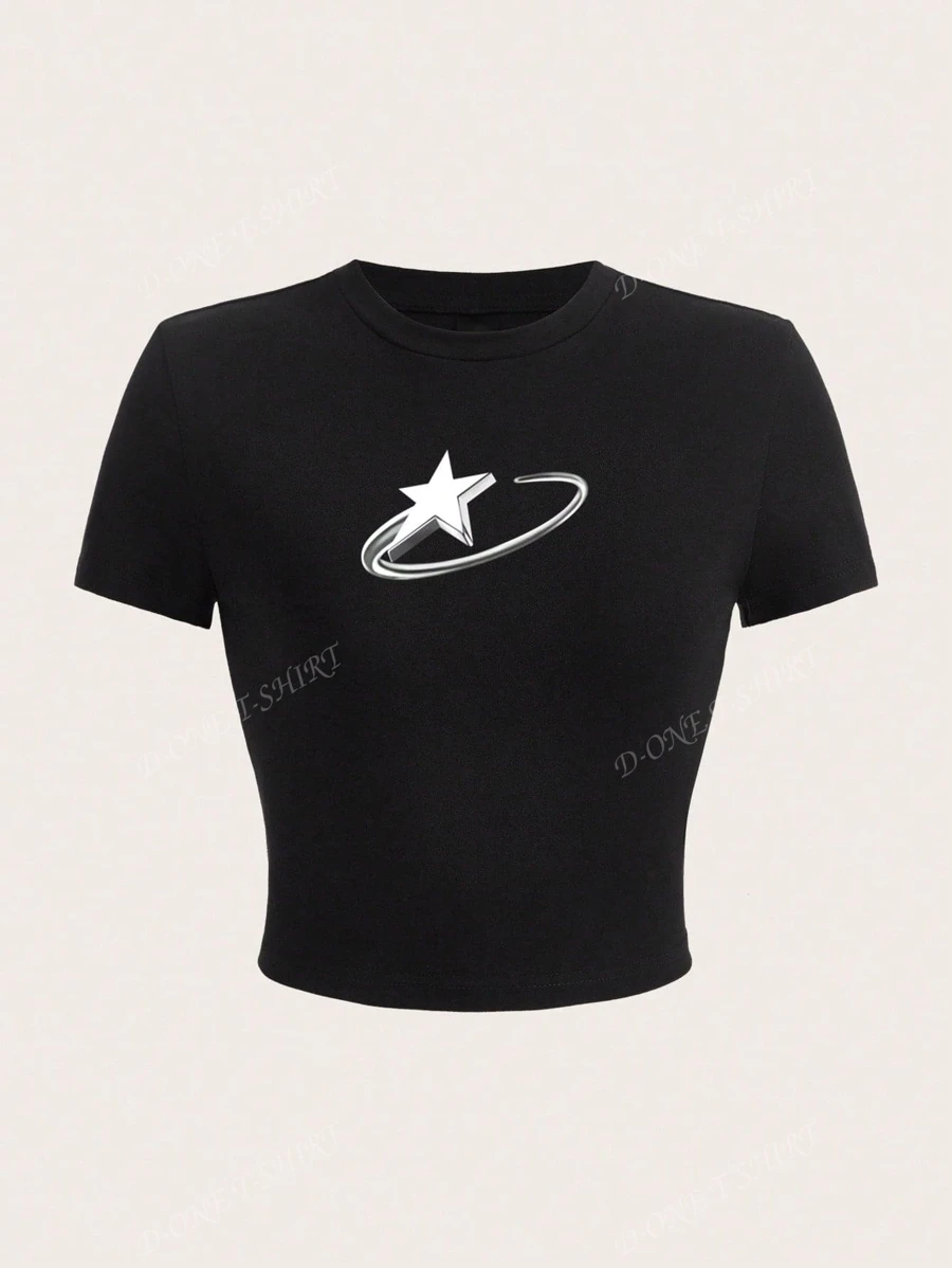 Camiseta de verano casual y versátil para mujer con cuello redondo y manga corta, estampado de estrella pentagonal