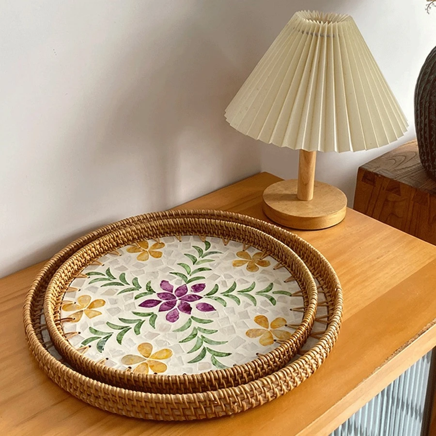 1pc Mother-Of-Pearl Inlaid Wooden Base Rattan Tray Hand-Woven Wicker Tray Coffee Table Tray For Storage And Placing Bread And Fruits