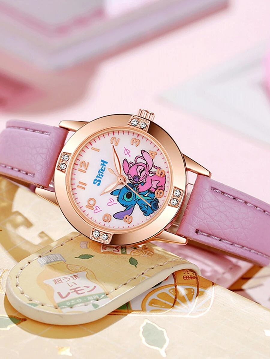 Sanrio Montre en acier de haute qualité avec diamants, motif Stitch de Disney, pour dame/fille. Montre-bracelet à quartz pour filles