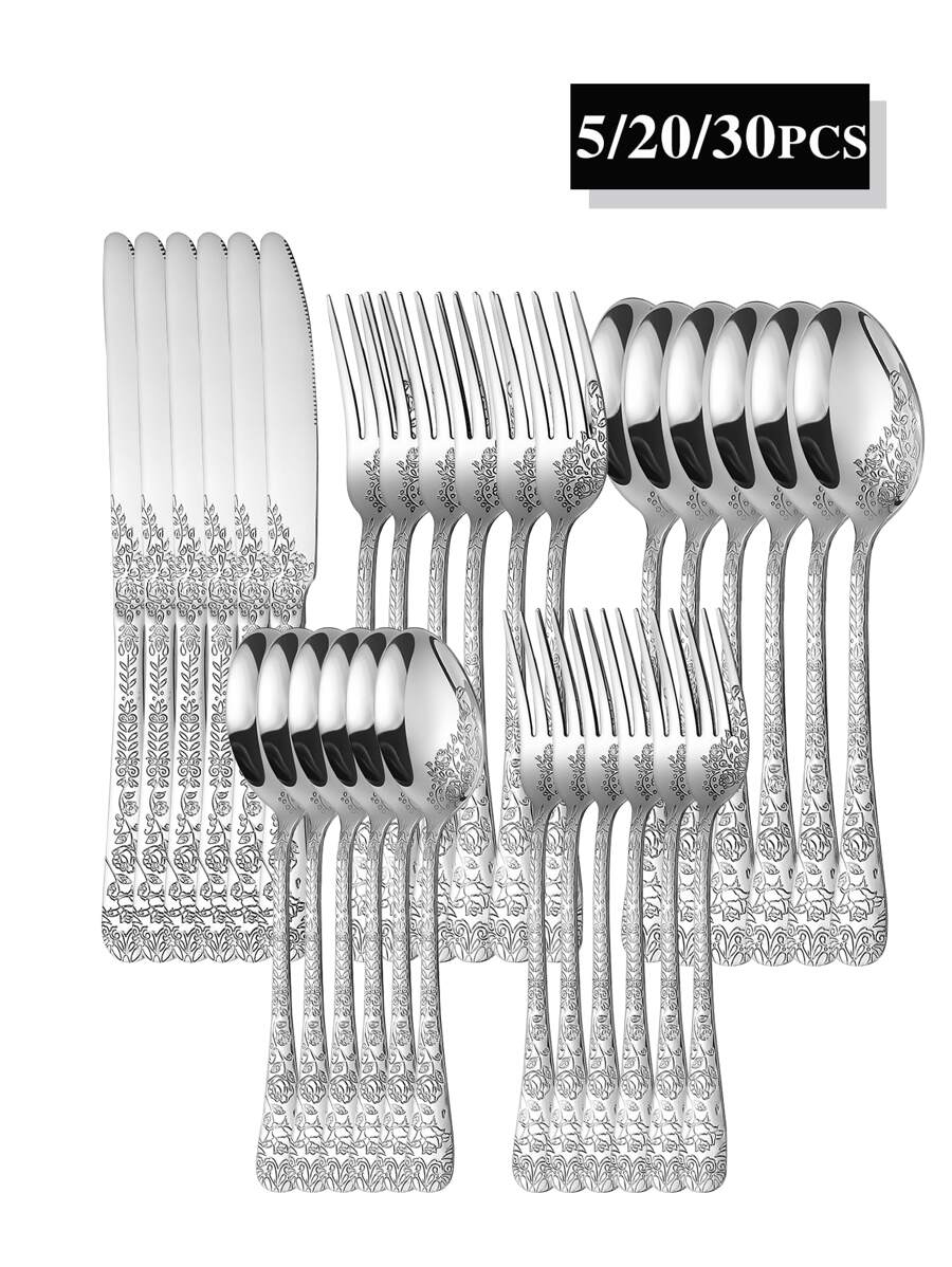 5/20/30pcs Stainless Steel Vintage Floral Engraved Tableware Set, Suitable For Home Kitchen, Restaurant, Hotel, Wedding, Party, Holiday,School Supplies
